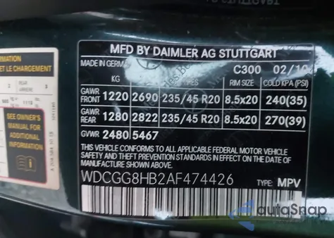 2010 Mercedes-Benz Glk 350 4Matic from USA, damaged, VIN WDCGG8HB2AF474426